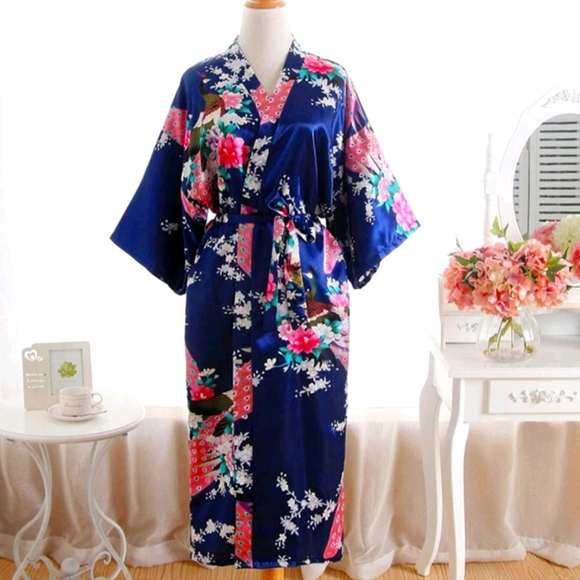 Aibrou Short Floral Blue Kimono Robe Satin With Belt Closure- L NWT - Picture 1 of 4
